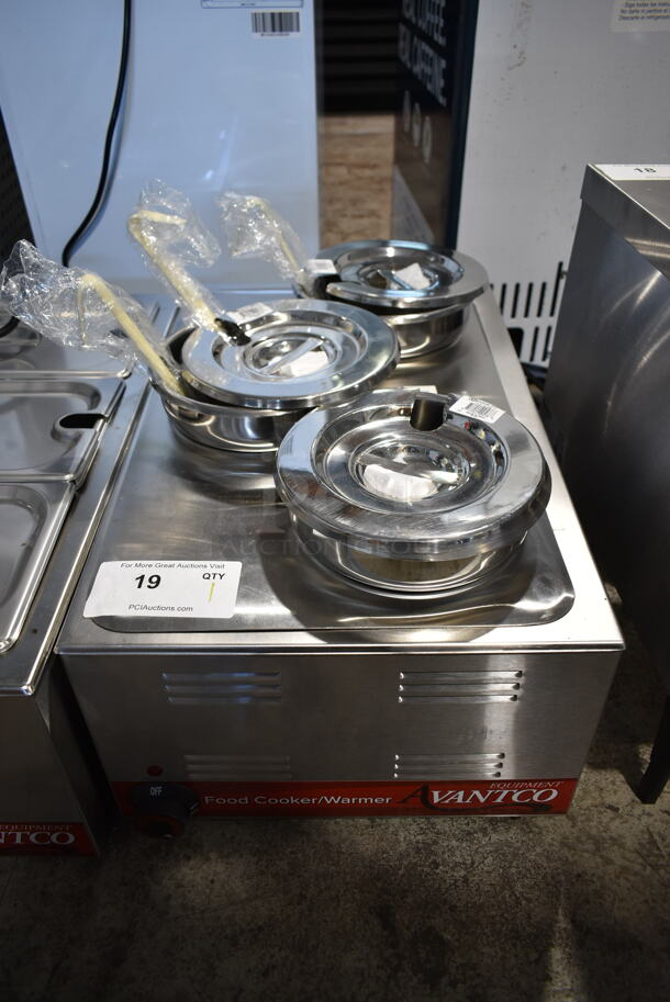 BRAND NEW SCRATCH AND DENT! 2022 Avantco 177W50CKR Stainless Steel Commercial Countertop Food Warmer w/ 3 Drop Ins, 3 Lids and Adapter Plate. 120 Volts, 1 Phase. Tested and Working!  - Image 1 of 5