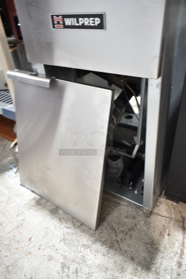 BRAND NEW SCRATCH AND DENT! Wilprep WP-F3-NG Stainless Steel Commercial Floor Style Natural Gas Powered Deep Fat Fryer w/ 2 Metal Fry Baskets. 90,000 BTU.  - Image 5 of 9