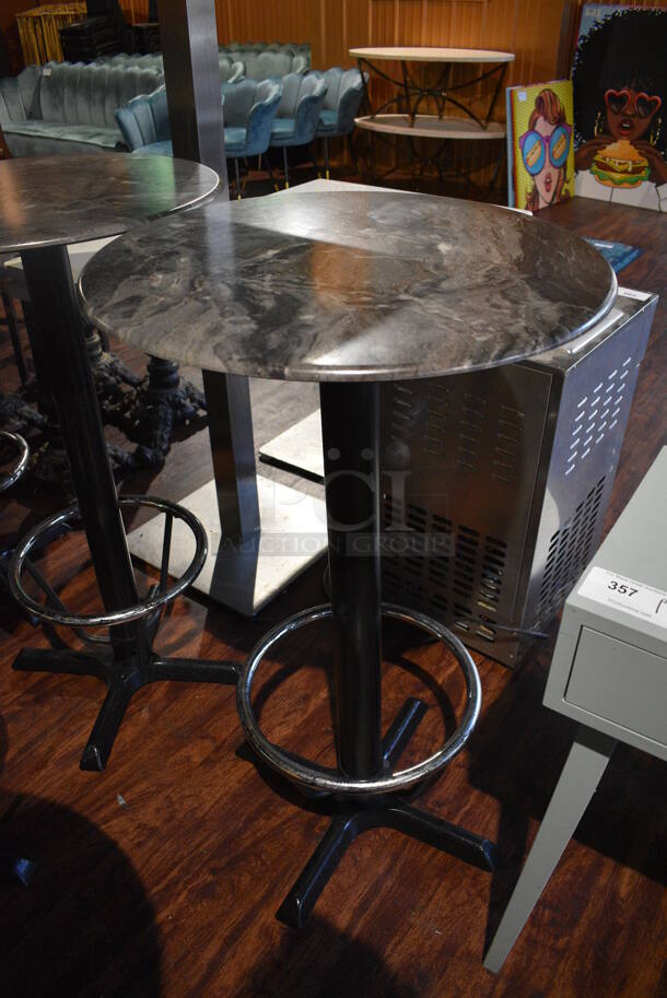 4 Stone Pattern Round Bar Height Table on Metal Table Base w/ Footrest Rail. 23.5x23.5x42. 4 Times Your Bid! (lounge)