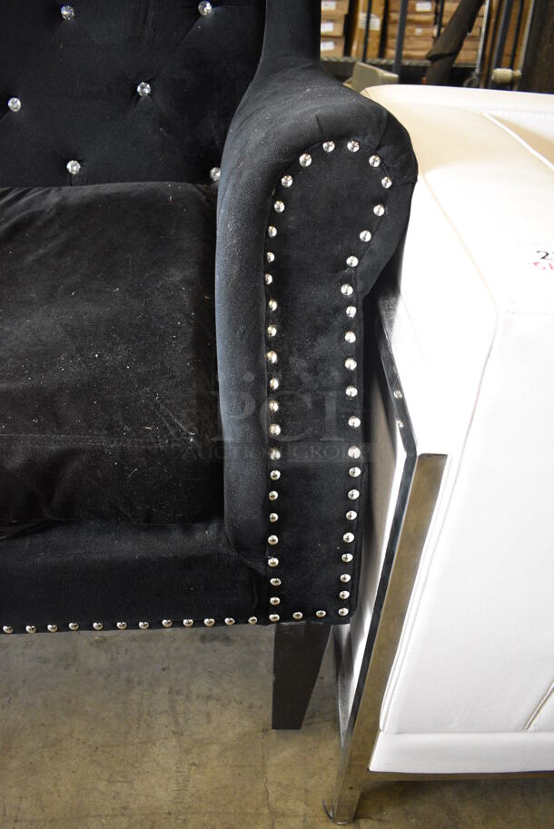 Black Chair w/ Arm Rests and Nail Head Trim. One Leg Needs To Be Secured. 59x30x50 - Image 3 of 6