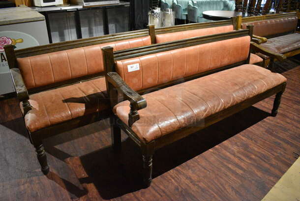 2 Wooden Benches w/ Brown Cushion. 112x22x37, 72x22x37. 2 Times Your Bid! (lounge)