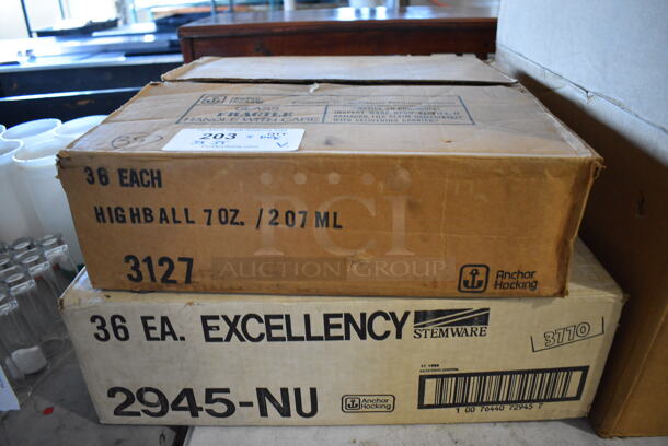2 Boxes of 35 BRAND NEW Beverage Glasses; High Ball and Excellency 2945-NU Stemware. 2.5x2.5x4, 3x3x5. 2 Times Your Bid!