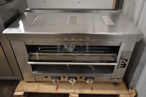 BRAND NEW SCRATCH AND DENT! Cooking Performance Group CPG 351S36SBN Stainless Steel Commercial Natural Gas Powered Salamander Broiler Cheese Melter. 36,000 BTU. 