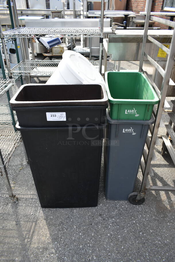 7 Trash Cans Including 5 Poly Slim Jim Trash Cans; Gray, Green, Brown and Black. 7 Times Your Bid! - Image 1 of 5