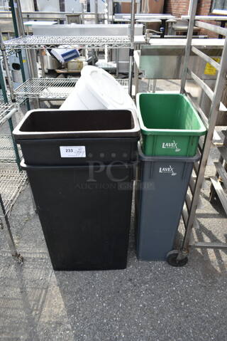 7 Trash Cans Including 5 Poly Slim Jim Trash Cans; Gray, Green, Brown and Black. 7 Times Your Bid!