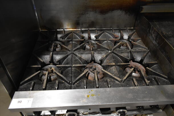 Garland SunFire Stainless Steel Commercial Natural Gas Powered 6 Burner Range w/ Right Side Flat Top Griddle, 2 Ovens, Over Shelf and Back Splash. - Image 2 of 7