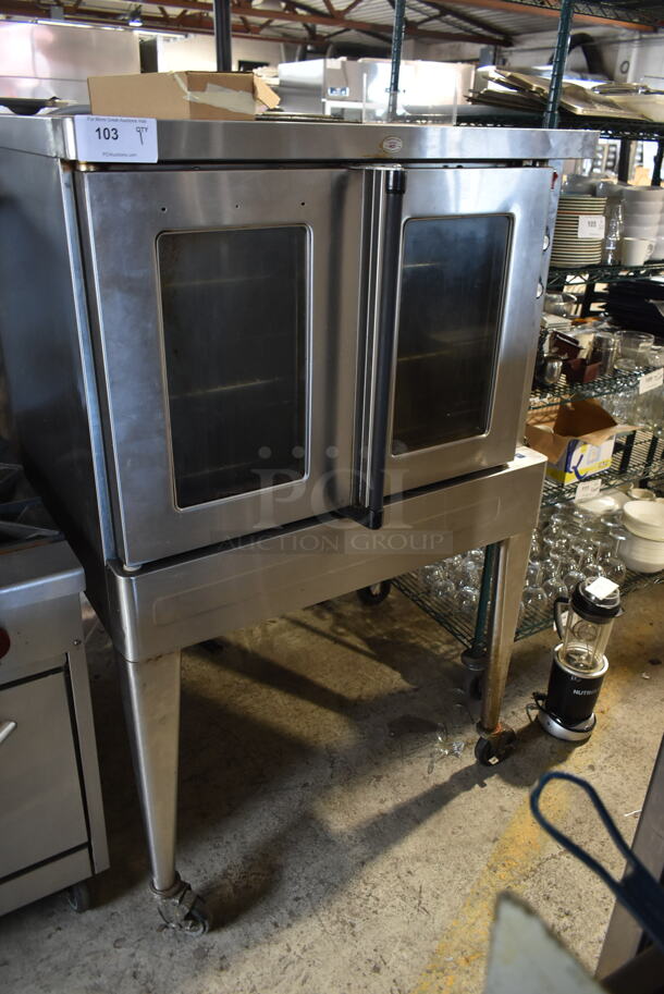 Blodgett SHO-100-E Stainless Steel Commercial Electric Powered Full Size Convection Oven w/ View Through Doors, Metal Oven Racks and Metal Legs on Commercial Casters. 208-240 Volts, 3 Phase.  - Image 1 of 5