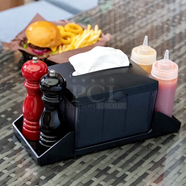 Black Plastic Tabletop Condiment Caddy / Interfold Napkin Dispenser
7" x 6 1/2" x 6 1/2" - Image 3 of 3