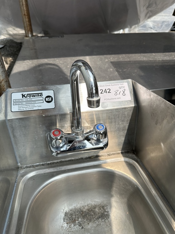 Krowne HS-30L Stainless Steel Commercial Single Bay Wall Mount Sink w/ Side Splash Guards, Faucet and Handles.  - Image 5 of 7