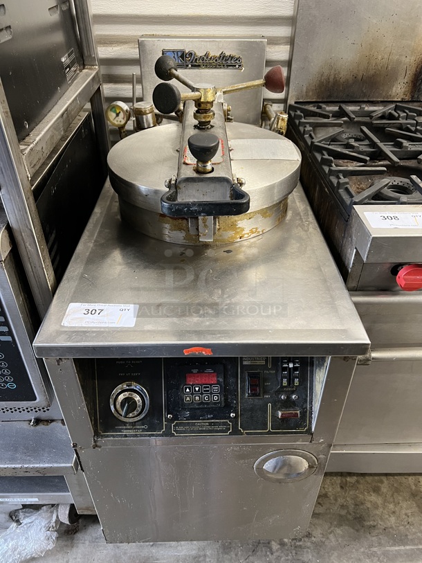 BK Industries Model LPF-5 Stainless Steel Commercial Electric Pressure Fryer on Commercial Casters. 208-220 Volts, 3 Phase. 18.5x35x44
