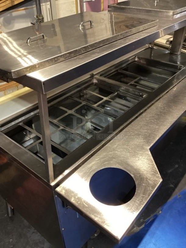 Randell Stainless Steel Dual-Sided Refridgerated Work Island, Multi-Pan Prep Table W/Two -Door and Two Drawers  Refrigerated Storage. Tested And Working. 84 x  46/52 x 58.
 - Image 2 of 11