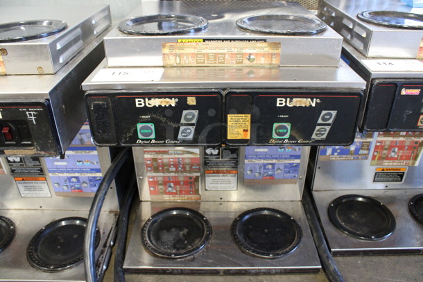 Bunn Stainless Steel Commercial Countertop 4 Burner Coffee Machine. Appears To Be Model AXIOM 2/2 TWIN. 120/208-240 Volts, 1 Phase. 16x18x19