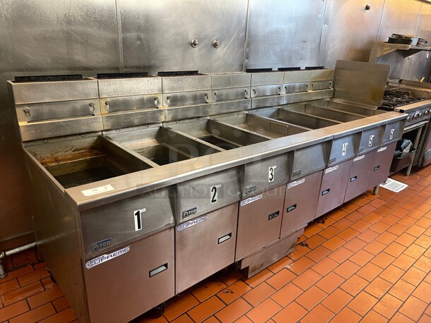 Working! Pitco Frialator SSH55 6 Bank (12 Baskets ) Commercial Gas Fryer with Filtration System Tested and Working! - Image 1 of 10