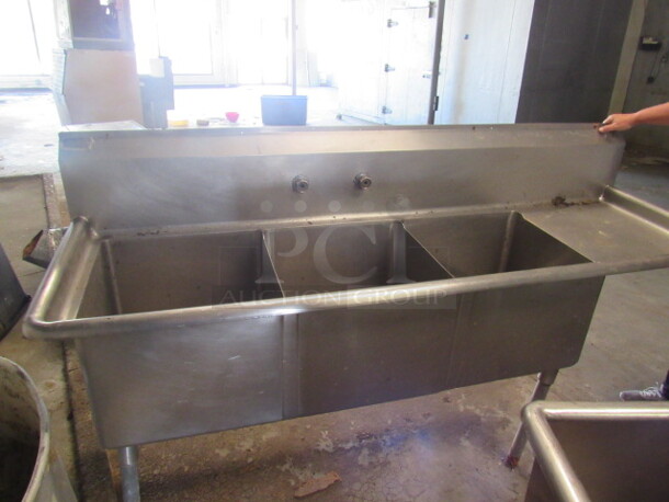 One 3 Compartment Sink With Right Side Drain Tbale. No Faucet. 72X26X45. Sink 18X18X14 - Image 3 of 3