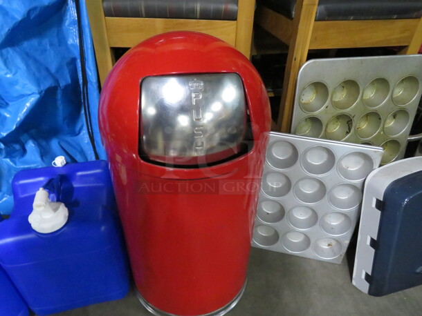 One Red Metal Trash Can With Lid. - Image 1 of 1