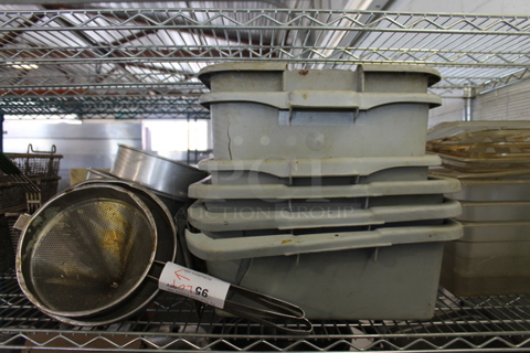 ALL ONE MONEY! Lot of Various Items Including Poly Bus Bins and Metal China Cap Strainers. 