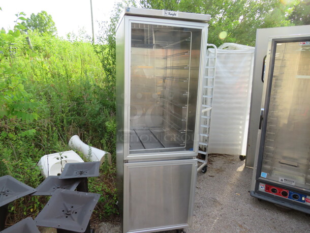 One Aluminum Knight 1 Door Holding Cabinet With 1 Door Under For Storage On Casters. 22X28.5X70.5