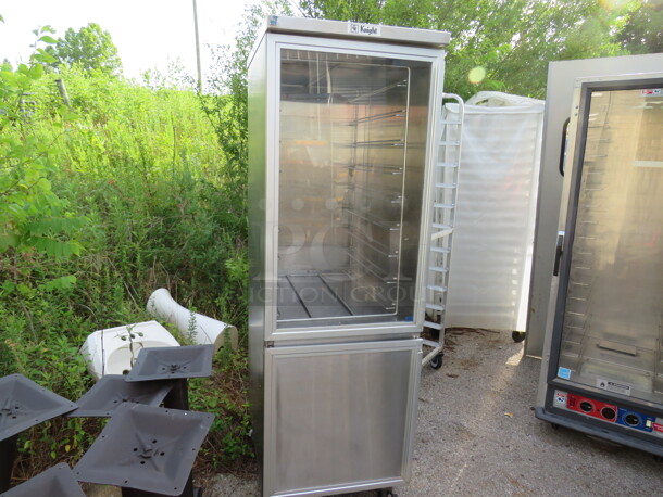 One Aluminum Knight 1 Door Holding Cabinet With 1 Door Under For Storage On Casters. 22X28.5X70.5 - Image 1 of 2