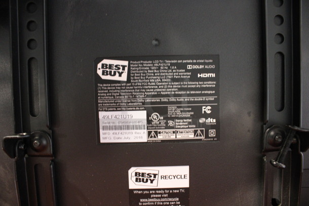 Toshiba Model 49L510U18 49" Television. 120 Volts, 1 Phase. Buyer Must Pick Up - We Will Not Ship This Item. Tested and Powers On - See Pictures - Image 8 of 9