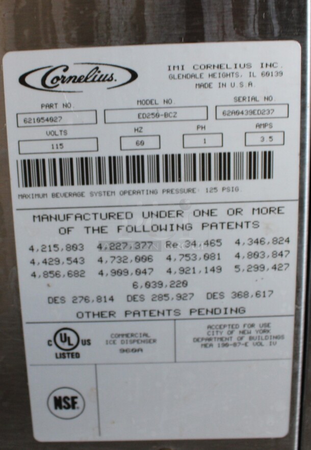 Manitowoc Model SY0454A Stainless Steel Commercial Air Cooled Ice Machine Head on Cornelius Model ED250-BCZ Stainless Steel Commercial 8 Flavor Carbonated Beverage Machine. 115 Volts, 1 Phase. 30x32x61  - Image 4 of 7