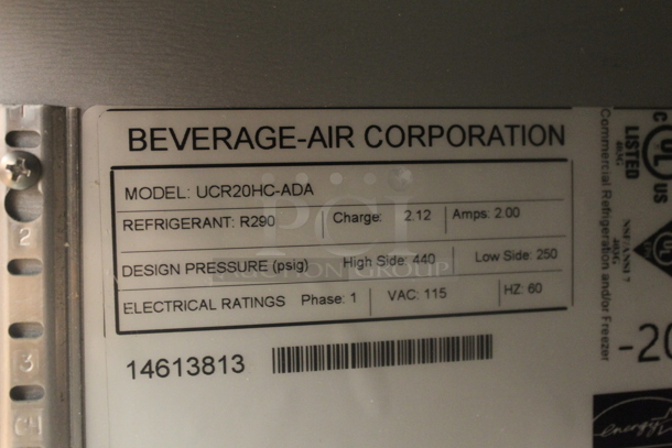 BRAND NEW SCRATCH AND DENT!  Beverage Air UCR20HC-ADA Stainless Steel Commercial 20" Low Profile Undercounter Single Door Cooler on Commercial Casters. 115 Volts, 1 Phase. Tested and Working! - Image 5 of 5