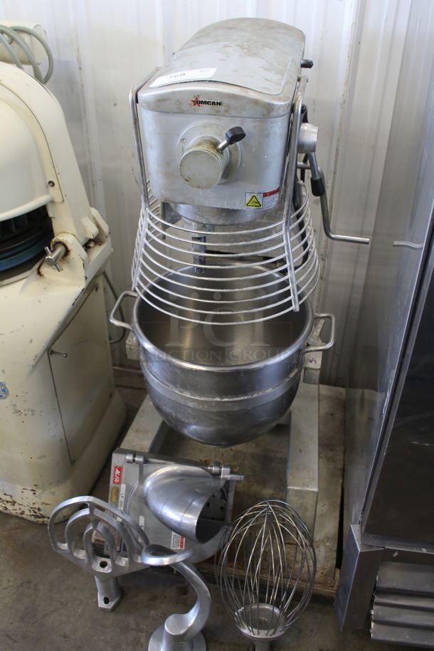2020 Omcan SP300A Metal Commercial Floor Style Planetary Dough Mixer w/ Mixing Bowl, Bowl Guard, Pelican Head, Whisk, Paddle and Dough Hook Attachments. 110 Volts, 1 Phase. Cannot Test - Unit Needs New Plug - Image 1 of 10