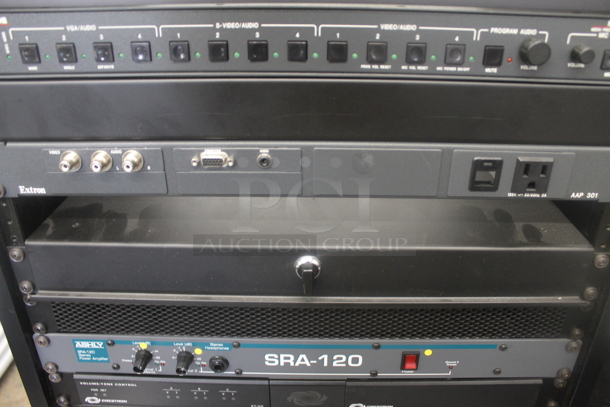 6 Electronic Rack Units in Black Metal Cabinet; Middleby Atlantic Power Center, Crestron Control Processor, Crestron Volume Tone Control, Ashly SRA-120 Power Amplifier, Extron AAP 301 Interface Extron Media Presentation Switcher. 6 Times Your Bid!   - Image 6 of 12