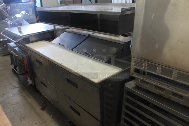 Delfield Stainless Steel Commercial Sandwich Salad Prep Table w/ 4 Drawers and Over Shelf on Commercial Casters. 115 Volts, 1 Phase. Tested and Working! - Image 3 of 6