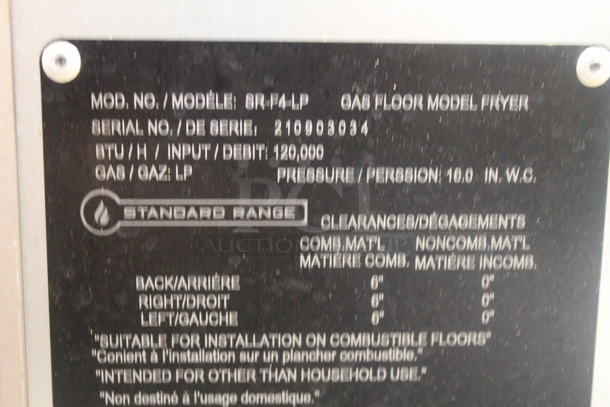 2021 Standard Range SR-F4-LP Stainless Steel Commercial Floor Style Propane Gas Powered Deep Fat Fryer w/ 2 Metal Fry Baskets. 120,000 BTU. - Image 6 of 6