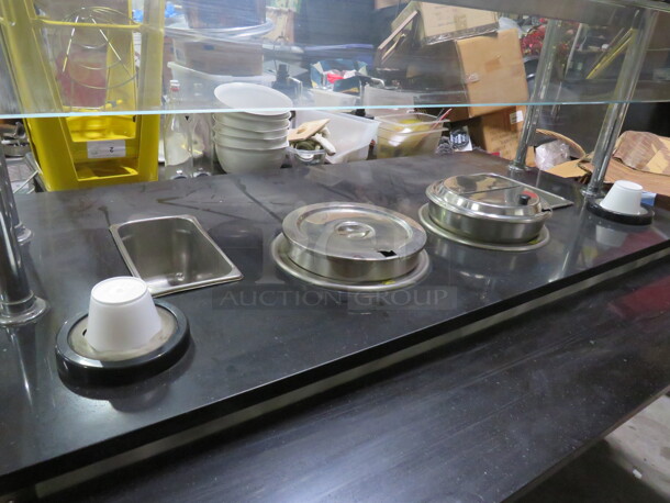 One Soup Station With Under Storage And Black Granite Look Top, With 2 Heated Soup Wells, 2 Spring Loaded Bowl Dispensers, 2 Condiment Holders, Sneeze Guards With A Top Shelf, And A 10 Inch Fold Out Shelf/Line. 68X36X57 - Image 2 of 3