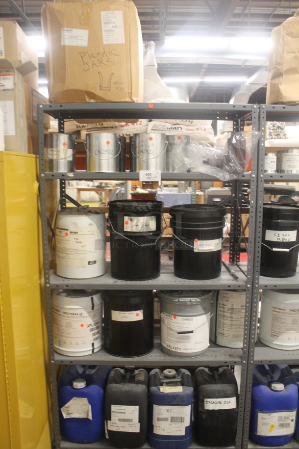 Gray Metal 5 Tier Shelving Unit w/ Contents Including Sartomer 238, Sartomer 285 and PRO10844. BUYER MUST REMOVE. - Image 1 of 12