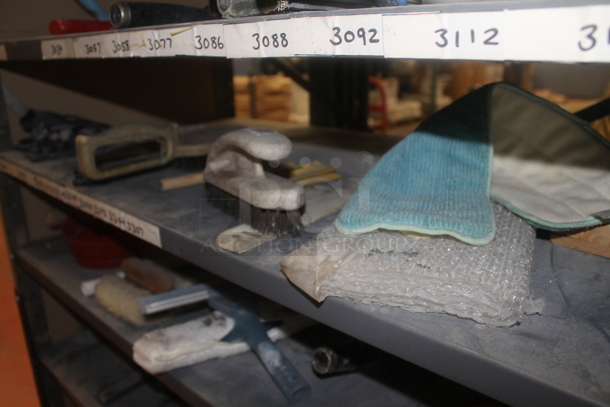 Gray Metal Shelving Unit w/ Contents Including Poly Bucket and Paint Roller Brushes. BUYER MUST REMOVE. - Image 7 of 9