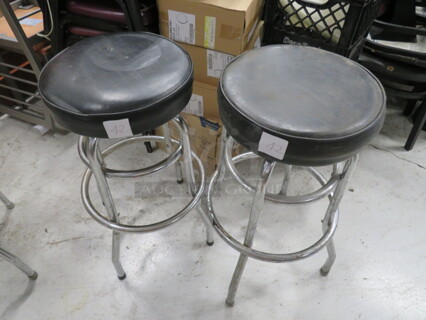 Double Chrome Ring Bar Stool With A Black Cushioned Swivel Seat. Need To Be Recovered. 2XBID