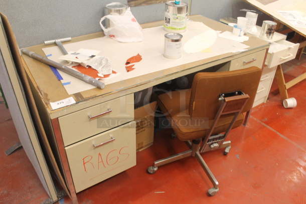 Tan 4 Drawer Desk w/ Contents and Office Chair. - Image 2 of 6