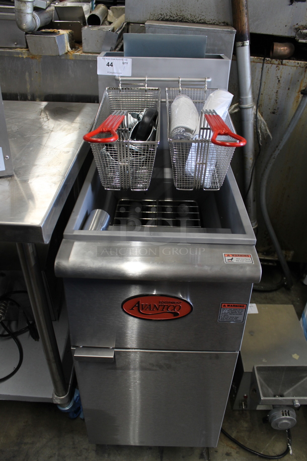 BRAND NEW SCRATCH AND DENT! 2022 Avantco FF300-P Stainless Steel Commercial Floor Style Propane Gas Powered Deep Fat Fryer w/ 2 Metal Fry Baskets. 90,000 BTU.