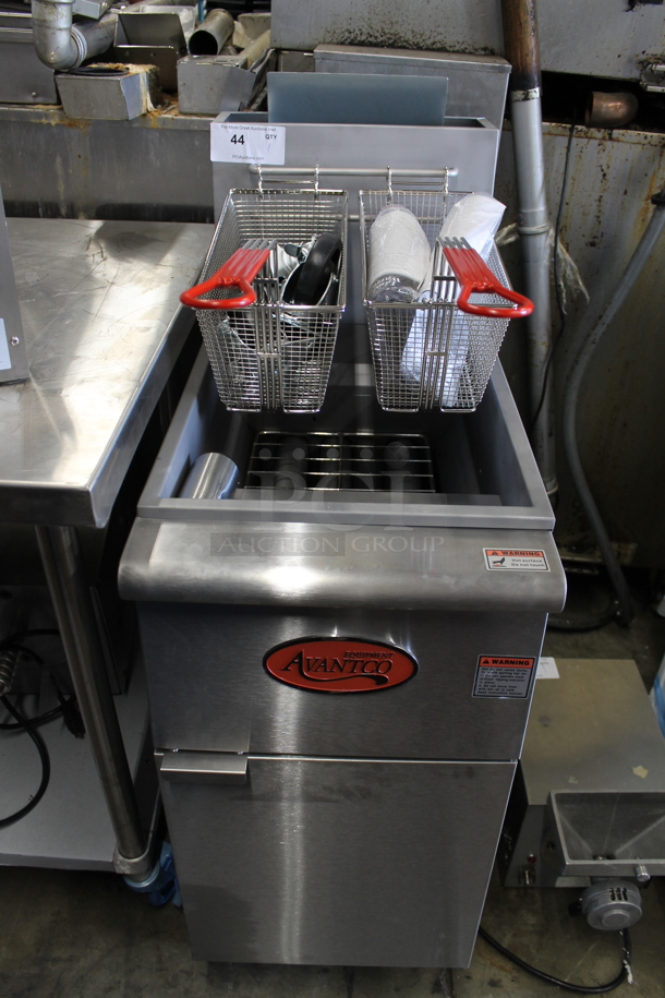 BRAND NEW SCRATCH AND DENT! 2022 Avantco FF300-P Stainless Steel Commercial Floor Style Propane Gas Powered Deep Fat Fryer w/ 2 Metal Fry Baskets. 90,000 BTU. - Image 1 of 7