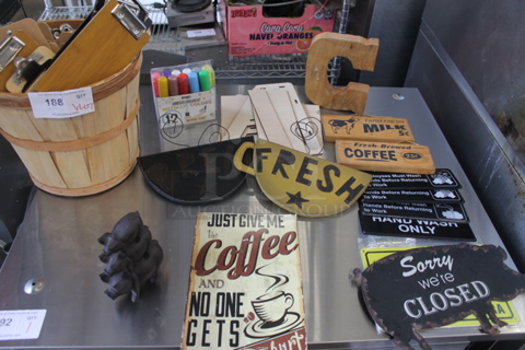 ALL ONE MONEY! Lot of Various Items Including Signs, Clipboards and Baskets