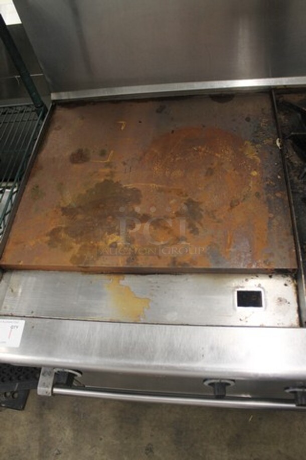 Garland PS-24G-6-2628 Stainless Steel Commercial Natural Gas Powered 6 Burner Range w/ Left Side Flat Top Griddle, 2 Ovens, Over Shelf and Back Splash. - Image 2 of 7