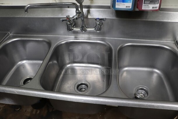 3-Bay Stainless Dish Sink. Spray Nozzle NOT Included 
90" Long

**LABOR FOR REMOVAL ADDITIONAL FEE, CONTACT MISSOURI DIVISION FOR LABOR QUOTE OR ADDITIONAL QUESTIONS.  - Image 2 of 2