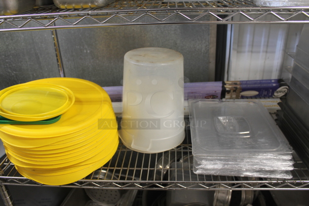 ALL ONE MONEY! Lot of Plastic And Stainless Steel Drop In Bins In Variety of Sizes, Yellow Circular Lids, Plastic Rectangular Lids, Rice Cooker, Baking Sheets, Small Strainers, AND MORE!  - Image 9 of 12