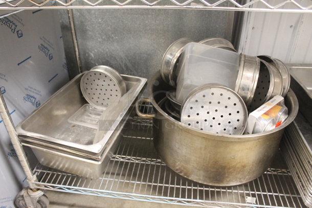 ALL ONE MONEY! Lot of Plastic And Stainless Steel Drop In Bins In Variety of Sizes, Yellow Circular Lids, Plastic Rectangular Lids, Rice Cooker, Baking Sheets, Small Strainers, AND MORE!  - Image 12 of 12