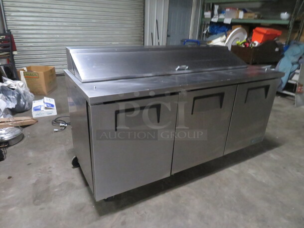 One WORKING 3 Door TRUE Refrigerated Prep Table On Casters. 115 Volt. Model# TSSU-72-18. 72X30X43 - Image 3 of 5