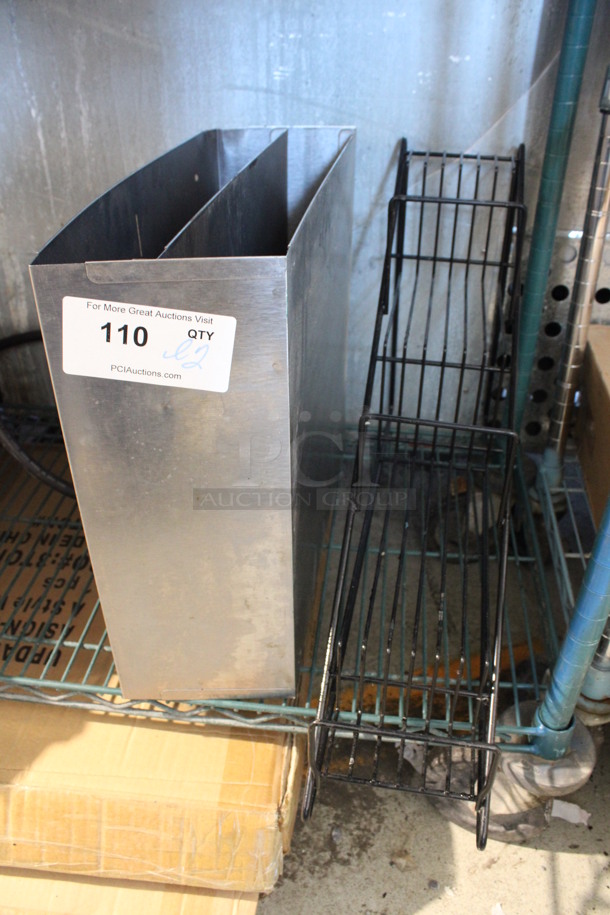 ALL ONE MONEY! Lot of Metal 2 Compartment Shelf and Black Metal Stand. 17x6x15.5, 5.5x24x14