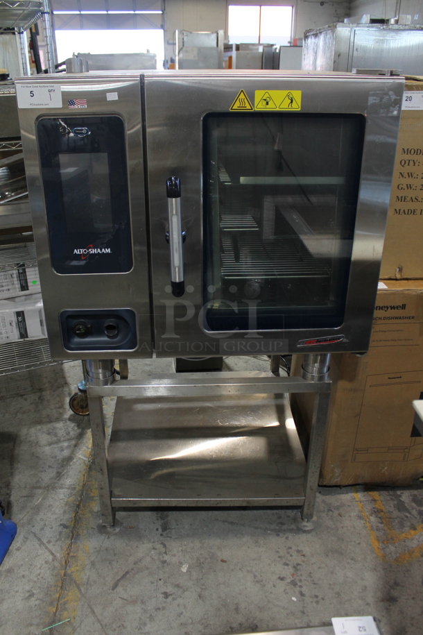 2019 Alto Shaam CTP6-10EVH Stainless Steel Commercial Electric Powered Convection Oven w/ View Through Door on Metal Equipment Stand w/ Commercial Casters. 208-240 Volts, 3 Phase. 