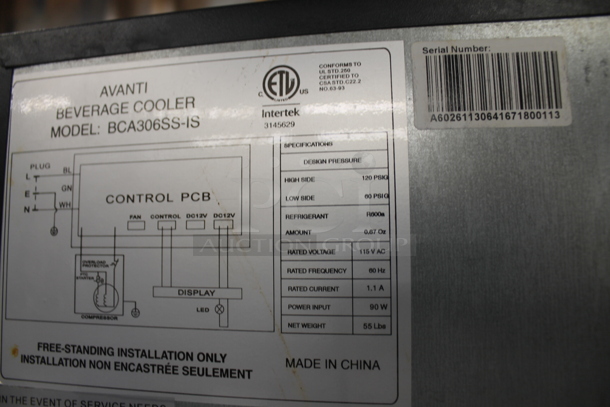 BRAND NEW SCRATCH AND DENT! Avanti BCA306SS-IS Commercial Stainless Steel Glass Door Beverage Cooler With Black Interior And Black Polycoated Shelves. 115V. Tested And Working! Stock Picture Used For Gallery Picture. - Image 4 of 5