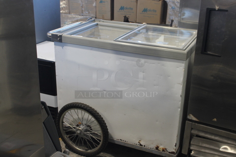 Metal Commercial Ice Cream Cart on 2 Wheels. Tested and Powers On But Does Not Get Cold