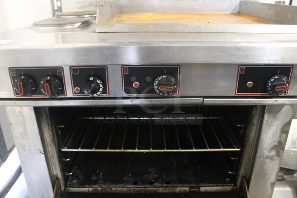 Garland Stainless Steel Commercial Electric Powered Flat Top Griddle w/ Thermostatic Controls, 2 Left Side Burners, Oven, Over Shelf and Back Splash. 208 Volts, 3 Phase. - Image 5 of 9