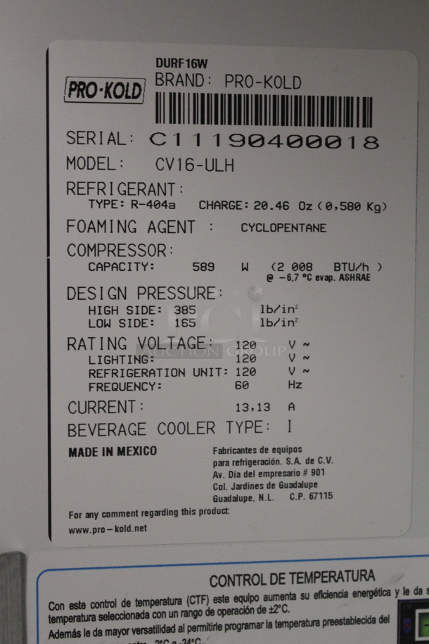 Pro Kold CV16-ULH Metal Commercial Single Door Reach In Cooler Merchandiser. 120 Volts, 1 Phase. Tested and Working! - Image 6 of 6