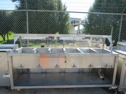 One Duke 6 Well Steam Table With Under Shelf, Over Shelf, 2 Hatco Glo Ray Food Warmers, And Sneeze Guards. 88X26X62.5 208 Volt. 3 Phase. #E6CBSS.