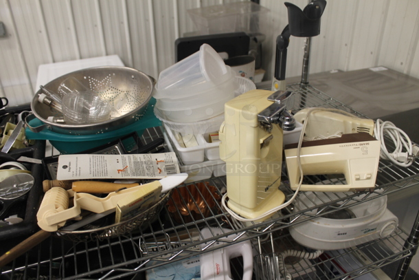 ALL ONE MONEY! Lot of Strainers, Stainless Steel Masher, Steel Drop In Bins, Hand Mixers, Small Steel Pot, Cuisinart Food Processor, Muffin Baking Sheets, Coffee Maker, Heart Shaped Wicker Basket, Salt And Pepper Shakers, Christmas Decorations, 2 Boxes Of NEC SP-32 Speakers AND MORE! Does Not Include Metro Shelf. - Image 9 of 12